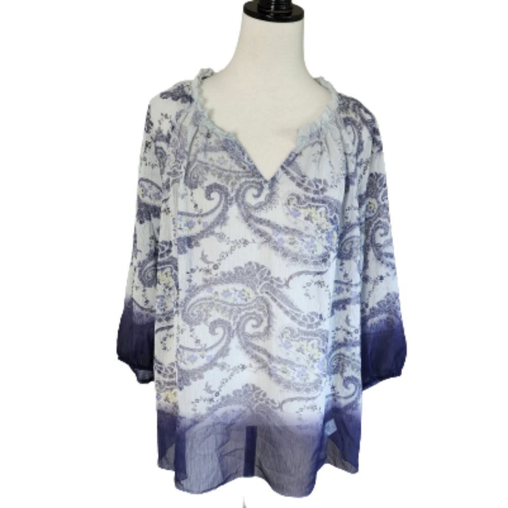 Croft & Borrow Ombre Blue peasant blouse paisley pattern women's plus size 1X